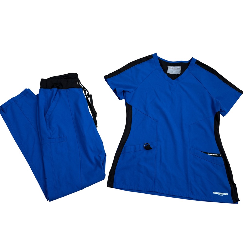 Skechers Scrub Set Women XS Blue/Black Utility Cargo Office EUC